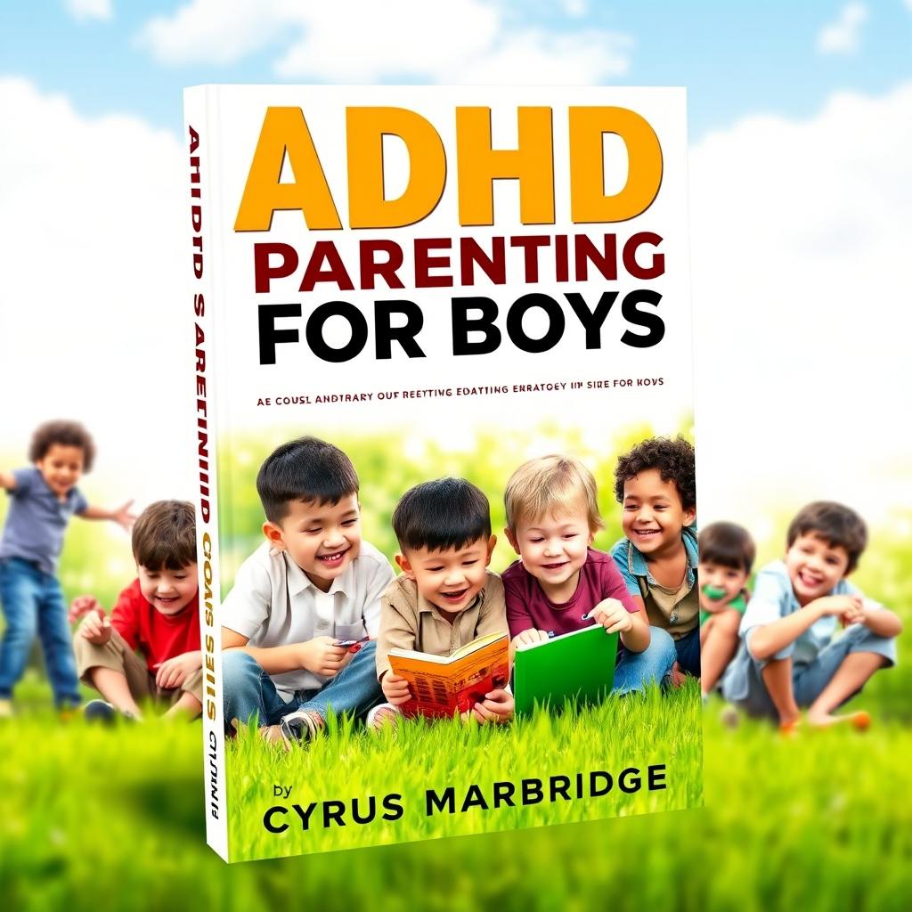 A vibrant book cover design titled 'ADHD Parenting Secrets for Boys' by Cyrus Marbridge