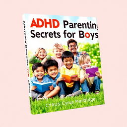 A vibrant book cover design titled 'ADHD Parenting Secrets for Boys' by Cyrus Marbridge