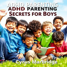 A vibrant book cover design titled 'ADHD Parenting Secrets for Boys' by Cyrus Marbridge