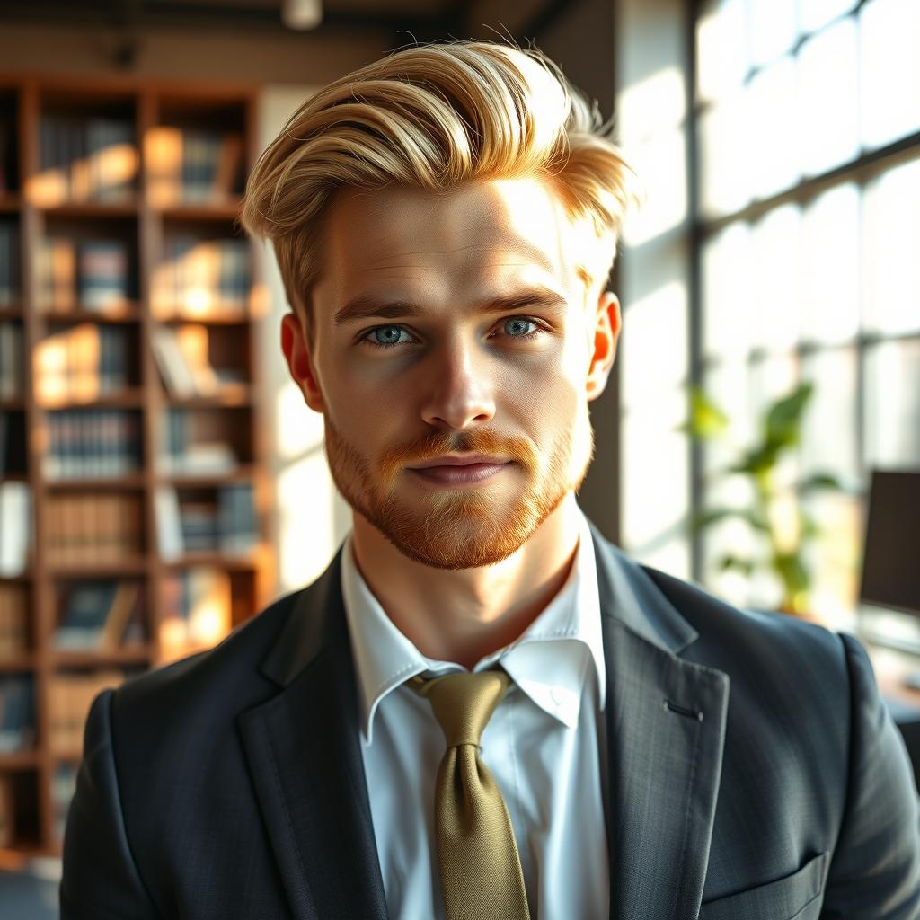 A handsome and stylish male lawyer with blonde hair and icy blue eyes, featuring a well-groomed stubble beard