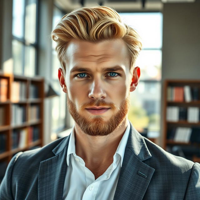 A handsome and stylish male lawyer with blonde hair and icy blue eyes, featuring a well-groomed stubble beard