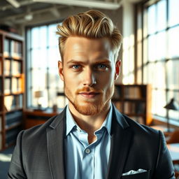 A handsome and stylish male lawyer with blonde hair and icy blue eyes, featuring a well-groomed stubble beard