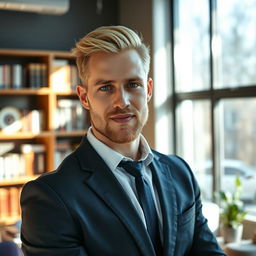 A handsome and stylish male lawyer with blonde hair and icy blue eyes, featuring a well-groomed stubble beard