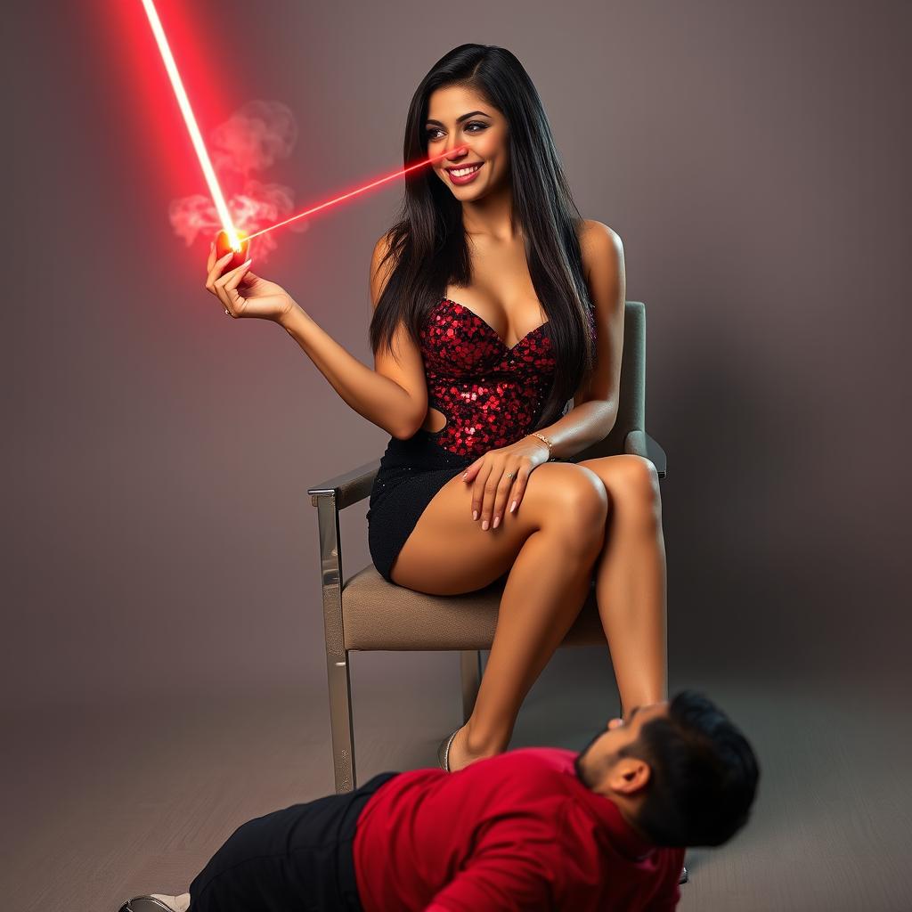 A glamorous Indian woman dressed in a black sequin mini skirt and a sparkling red sequin top, with straight long hair styled elegantly