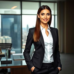 A professional young woman, dressed in a sleek, fitted business suit, standing confidently in a modern office environment