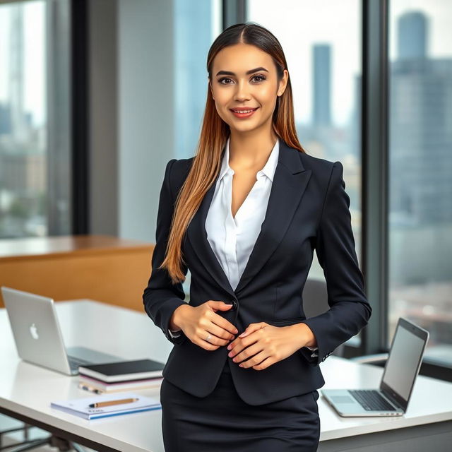 A professional young woman, dressed in a sleek, fitted business suit, standing confidently in a modern office environment