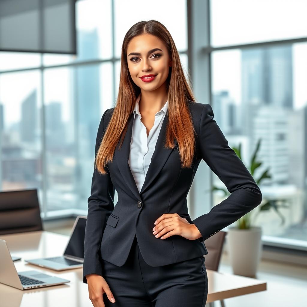 A professional young woman, dressed in a sleek, fitted business suit, standing confidently in a modern office environment