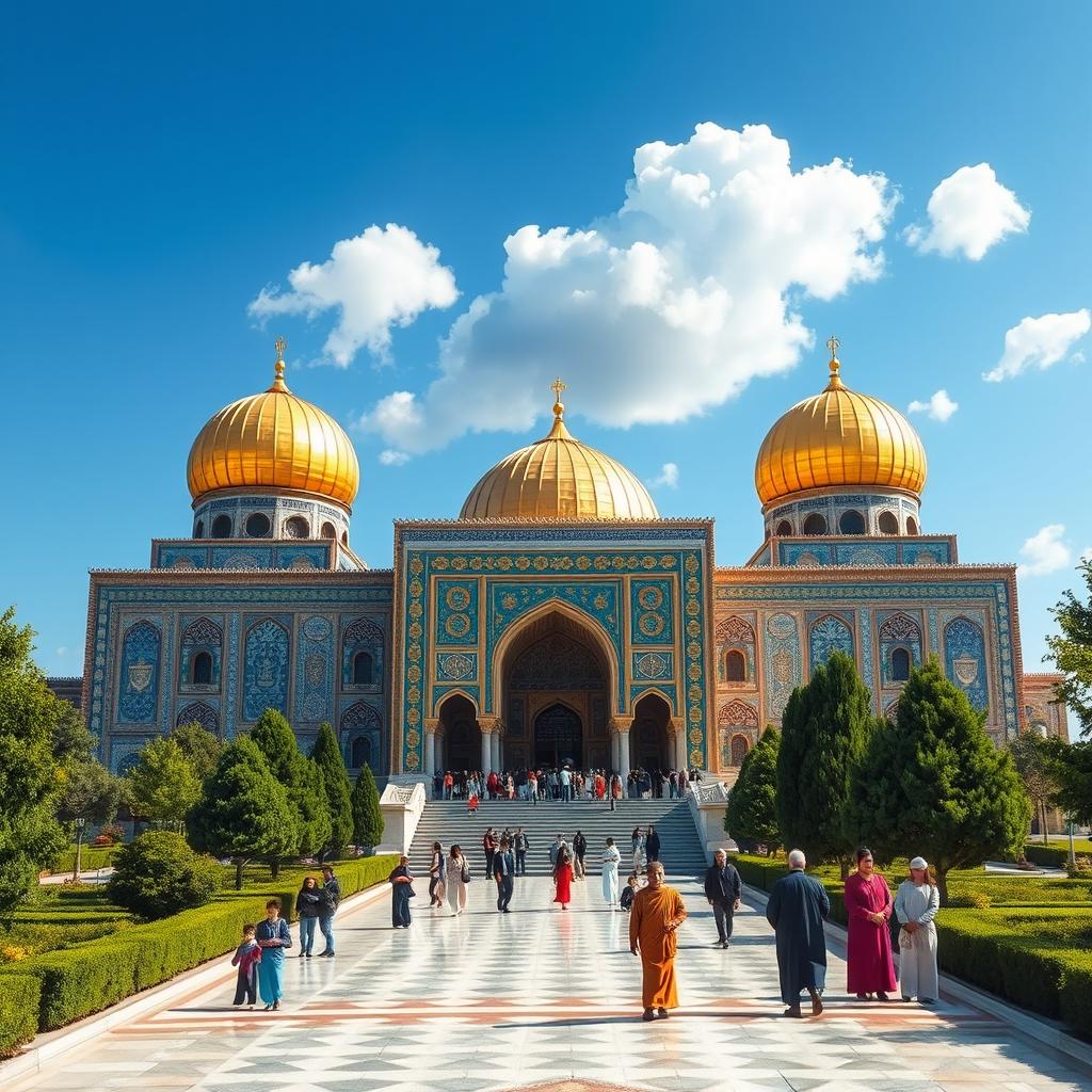 A digital artwork depicting a magnificent scene of Imam Reza's shrine, showcasing its beautiful architecture and vibrant details before its destruction