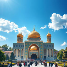 A digital artwork depicting a magnificent scene of Imam Reza's shrine, showcasing its beautiful architecture and vibrant details before its destruction