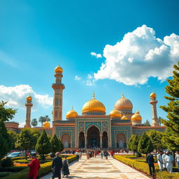A digital artwork depicting a magnificent scene of Imam Reza's shrine, showcasing its beautiful architecture and vibrant details before its destruction