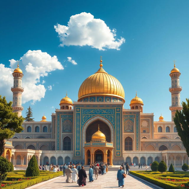 A digital artwork depicting a magnificent scene of Imam Reza's shrine, showcasing its beautiful architecture and vibrant details before its destruction