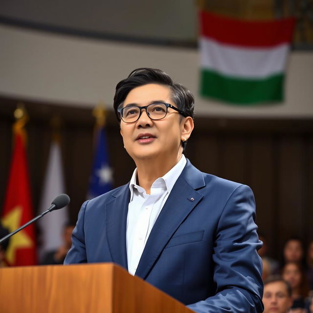 A professional official in a formal setting, wearing a tailored navy blue suit and a crisp white shirt, confidently standing at a podium giving a speech