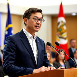 A professional official in a formal setting, wearing a tailored navy blue suit and a crisp white shirt, confidently standing at a podium giving a speech