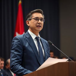 A professional official in a formal setting, wearing a tailored navy blue suit and a crisp white shirt, confidently standing at a podium giving a speech
