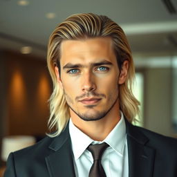 A handsome and stylish lawyer with long blonde hair, a serious expression, icy blue eyes, and well-groomed black stubble