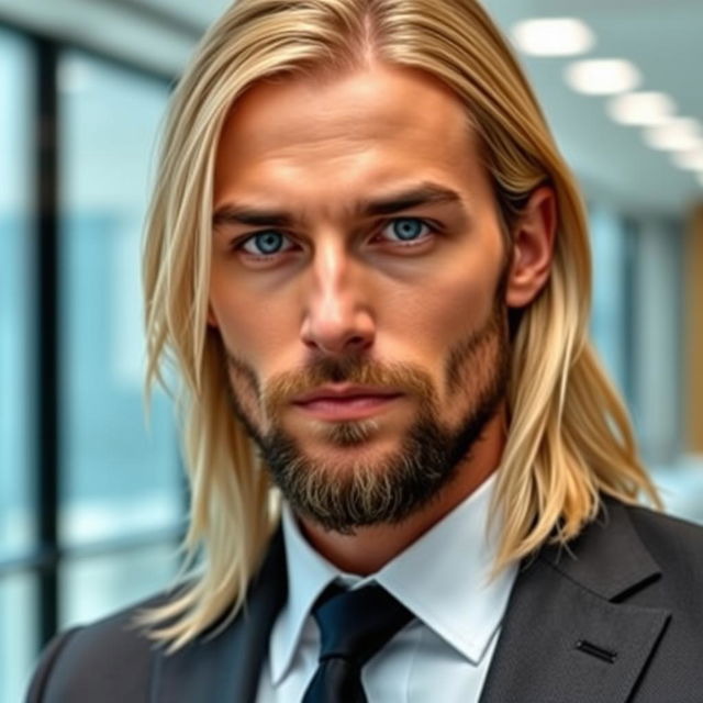 A handsome and stylish lawyer with long blonde hair, a serious expression, icy blue eyes, and well-groomed black stubble