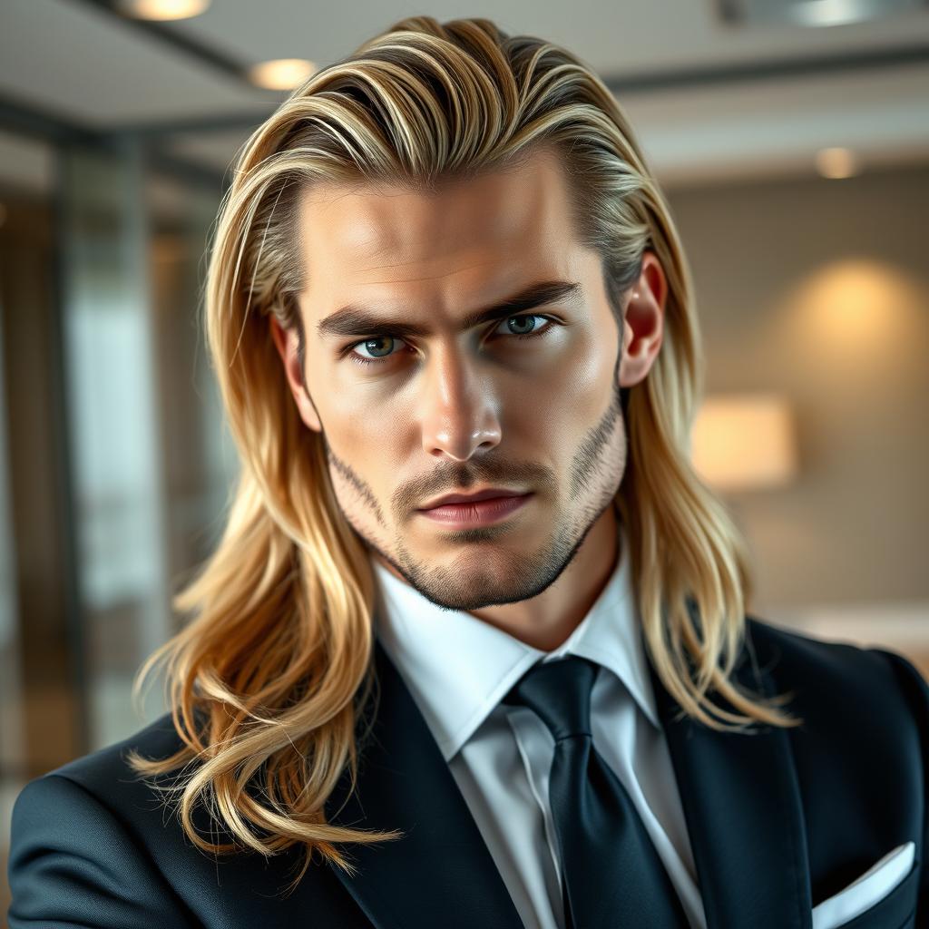 A handsome and stylish lawyer with long blonde hair, a serious expression, icy blue eyes, and well-groomed black stubble