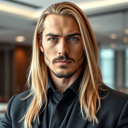 A handsome and stylish lawyer with long blonde hair, a serious expression, icy blue eyes, and well-groomed black stubble