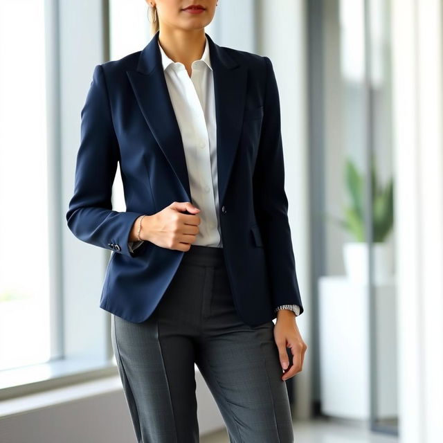 a stylish professional outfit, featuring a tailored navy blue blazer over a crisp white shirt, elegantly paired with gray tailored trousers