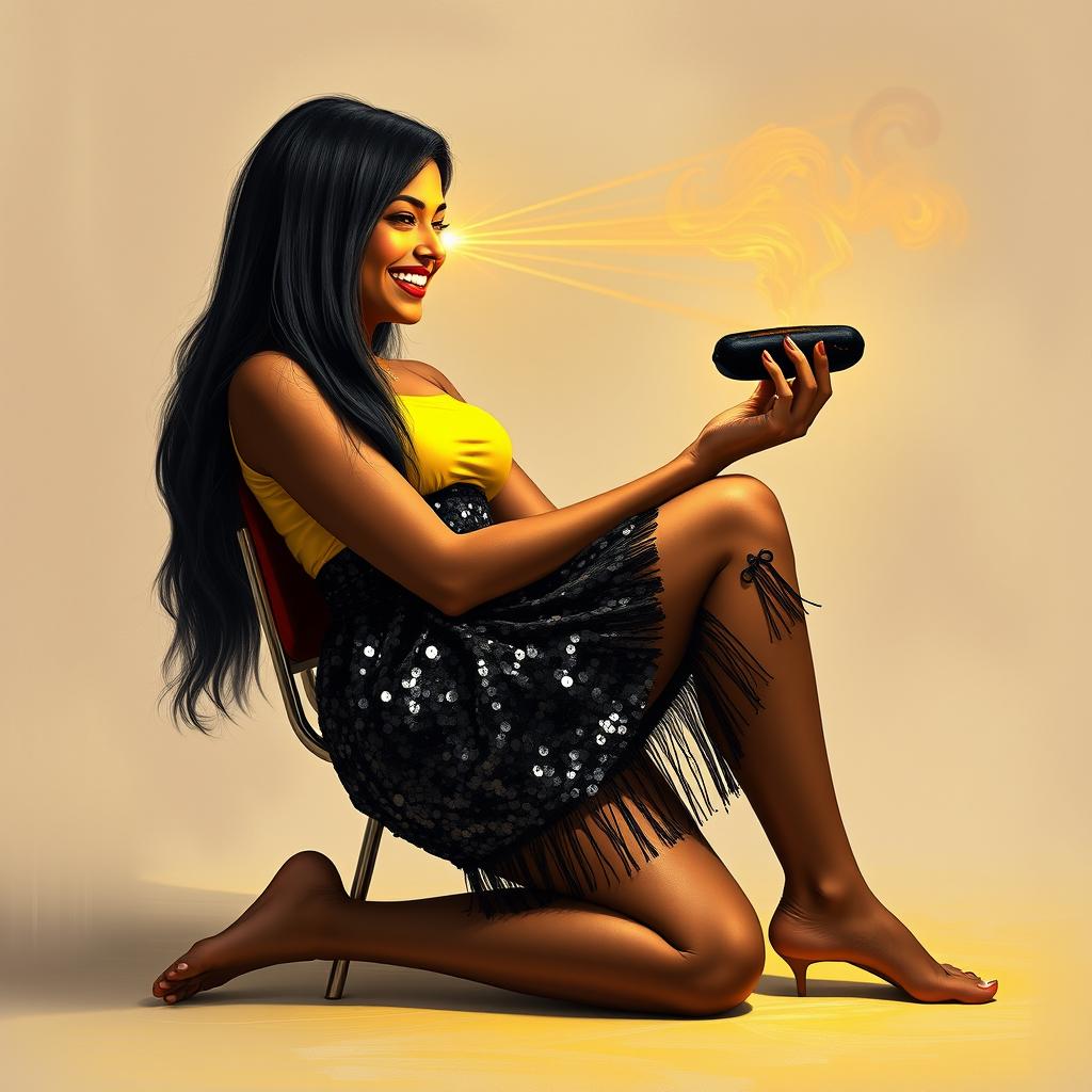 A lively scene depicting an Indian woman, styled as an 'aunty', wearing a dazzling black sequin mini skirt and a vibrant yellow top