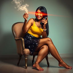 A lively scene depicting an Indian woman, styled as an 'aunty', wearing a dazzling black sequin mini skirt and a vibrant yellow top