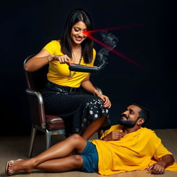 An engaging scene showcasing an Indian woman styled as an 'aunty', dressed in a shimmering black sequin mini skirt and a bright yellow top