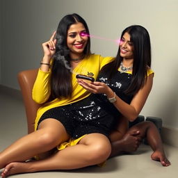An engaging scene showcasing an Indian woman styled as an 'aunty', dressed in a shimmering black sequin mini skirt and a bright yellow top