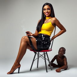 A whimsical and colorful portrayal of an Indian woman styled as an 'aunty', dressed in an eye-catching black sequin mini skirt and a bright yellow top