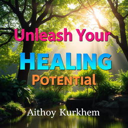 A realistic depiction of a serene healing environment featuring a tranquil nature scene with soft sunlight filtering through lush green trees