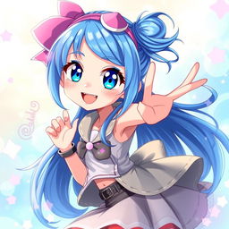 A digital artwork featuring a blue-haired anime girl with striking features and vibrant blue hair, styled in a playful and dynamic way