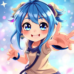 A digital artwork featuring a blue-haired anime girl with striking features and vibrant blue hair, styled in a playful and dynamic way