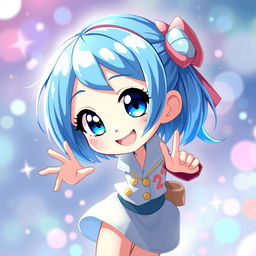 A digital artwork featuring a blue-haired anime girl with striking features and vibrant blue hair, styled in a playful and dynamic way