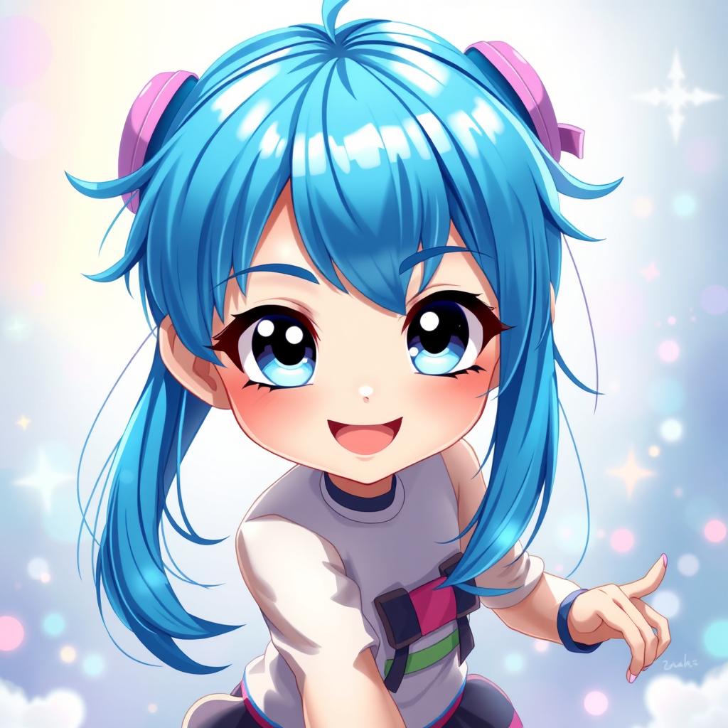 A digital artwork featuring a blue-haired anime girl with striking features and vibrant blue hair, styled in a playful and dynamic way