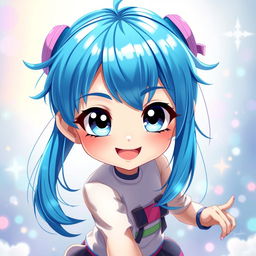 A digital artwork featuring a blue-haired anime girl with striking features and vibrant blue hair, styled in a playful and dynamic way