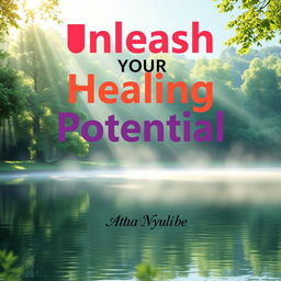 Create a flat cover design featuring a realistic depiction of a serene healing environment, showing a tranquil nature scene with soft sunlight filtering through lush green trees, and a calm water source reflecting the light