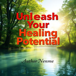 Create a flat cover design featuring a realistic depiction of a serene healing environment, showing a tranquil nature scene with soft sunlight filtering through lush green trees, and a calm water source reflecting the light