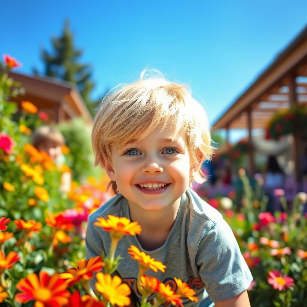 A boy with golden blonde hair and bright blue eyes, portrayed in a vibrant and lively outdoor setting