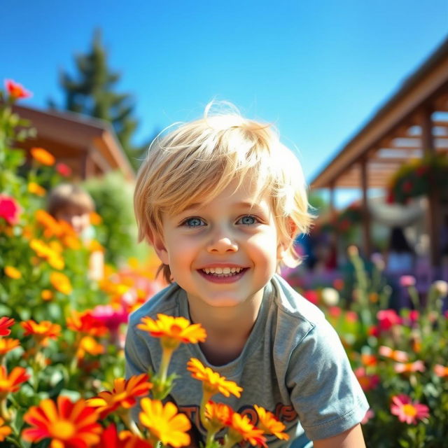 A boy with golden blonde hair and bright blue eyes, portrayed in a vibrant and lively outdoor setting