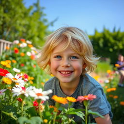 A boy with golden blonde hair and bright blue eyes, portrayed in a vibrant and lively outdoor setting
