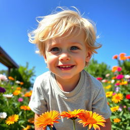 A boy with golden blonde hair and bright blue eyes, portrayed in a vibrant and lively outdoor setting