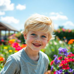 A boy with golden blonde hair and bright blue eyes, portrayed in a vibrant and lively outdoor setting