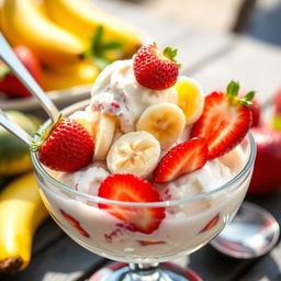 A delicious bowl of ice cream featuring a delightful combination of ripe bananas, fresh strawberries, and creamy milk