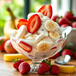 A delicious bowl of ice cream featuring a delightful combination of ripe bananas, fresh strawberries, and creamy milk