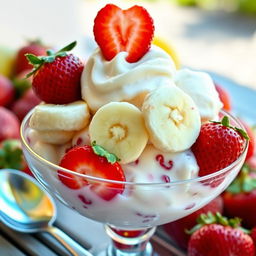 A delicious bowl of ice cream featuring a delightful combination of ripe bananas, fresh strawberries, and creamy milk