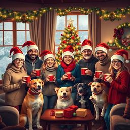 A joyful holiday scene featuring a diverse group of adults and animals celebrating Christmas together