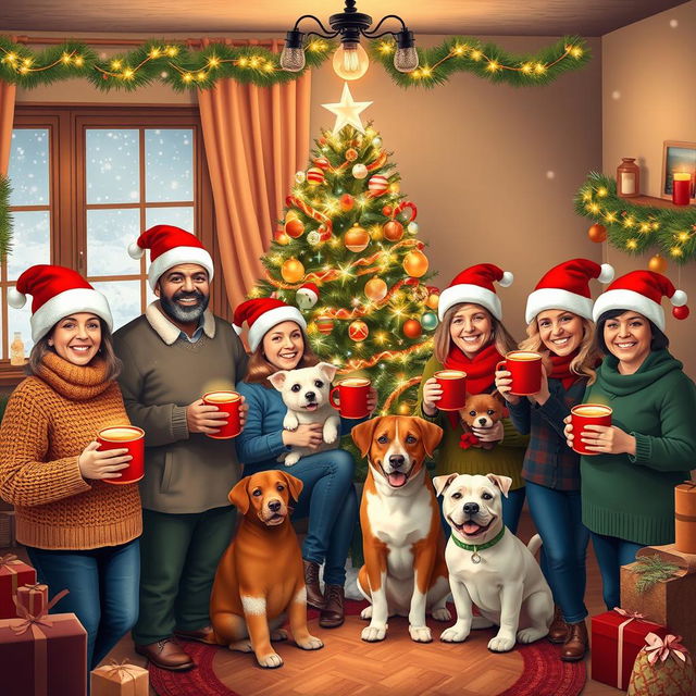 A joyful holiday scene featuring a diverse group of adults and animals celebrating Christmas together