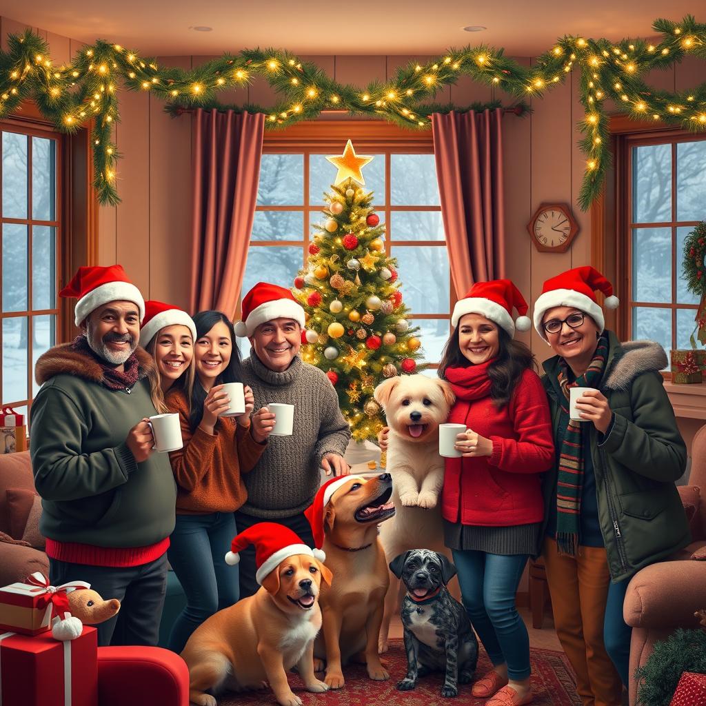 A joyful holiday scene featuring a diverse group of adults and animals celebrating Christmas together