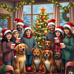 A joyful holiday scene featuring a diverse group of adults and animals celebrating Christmas together