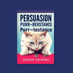 A flat book cover design featuring a large, bold title 'Persuasion Purr-sistence' at the top