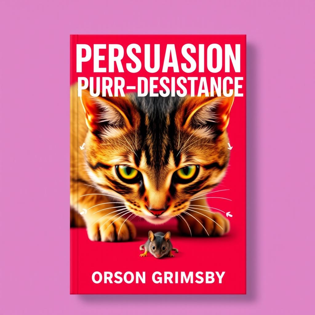 A flat book cover design featuring a large, bold title 'Persuasion Purr-sistence' at the top
